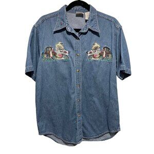 Vintage Bonnie Brooks Picnic Thanksgiving Bear Denim Short Sleeve Shirt Size M